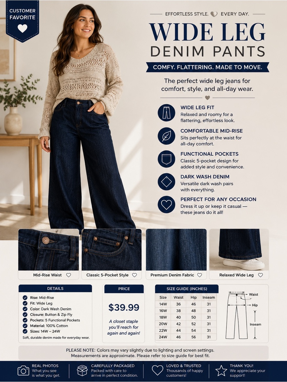 Worthington Dark Wash Wide Leg Denim Jeans size 16